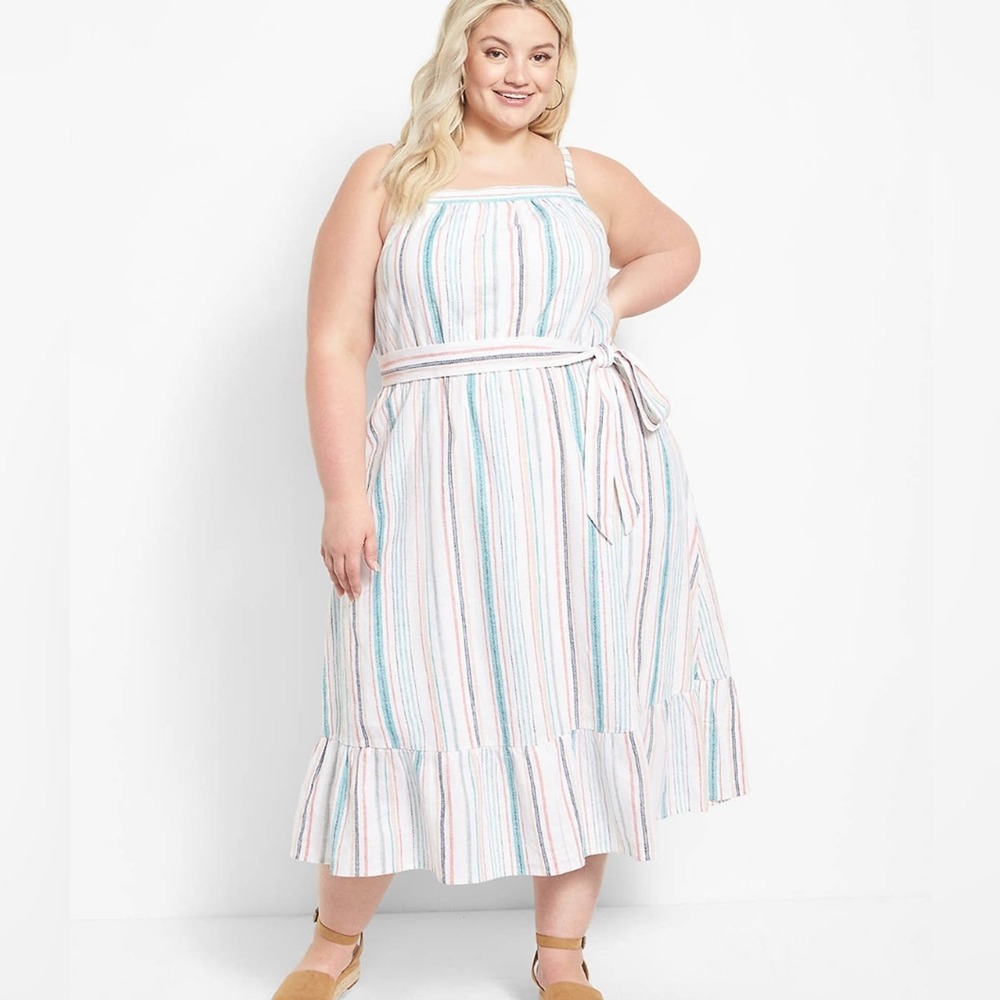 Lane Bryant linen blend Square-Neck Belted Tiered Dress plus size 18‎ new!!!